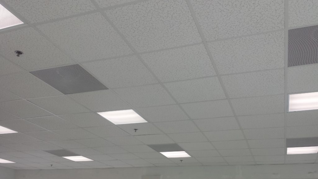 A padded ceiling with lights of a commercial building